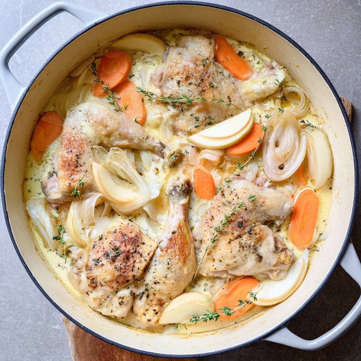 Homemade Chicken Casserole à la Normande bubbling in a Dutch oven with chunky carrots, apples, and velvety sauce