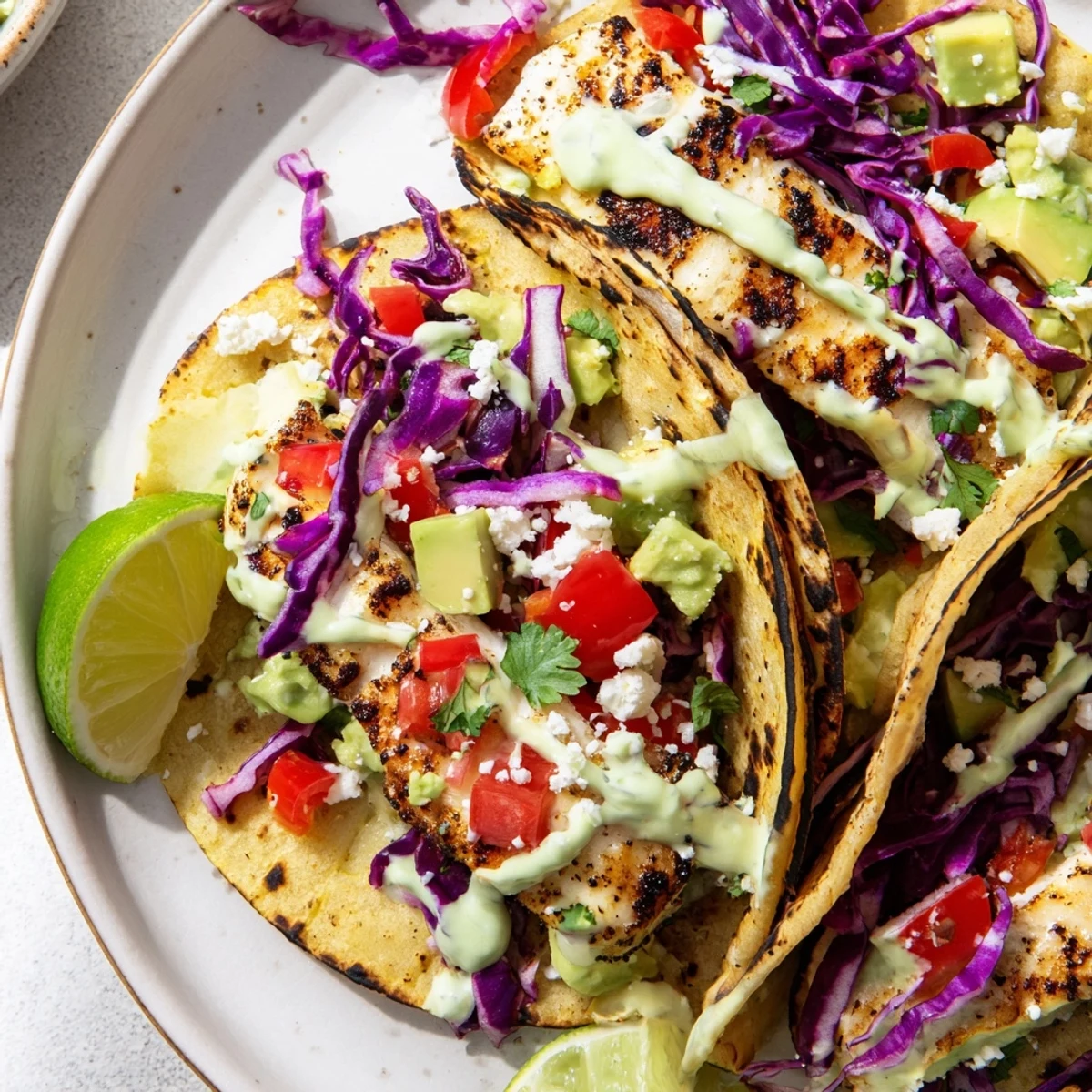 Golden grilled fish tacos topped with fresh cilantro, red cabbage, and creamy lime sauce on warm corn tortillas