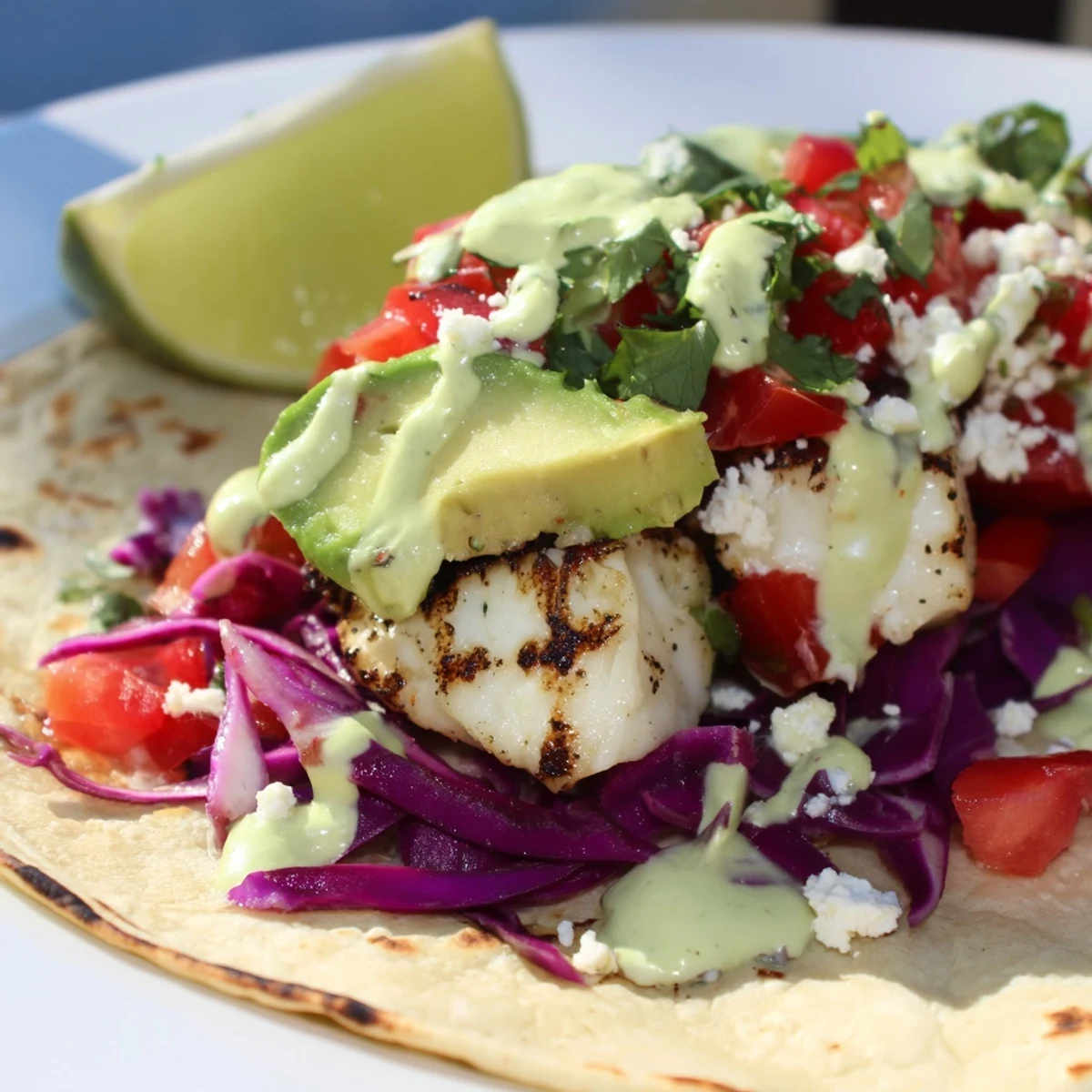 Zesty grilled fish cilantro tacos piled high with vibrant toppings, sliced avocado, and tangy lime crema for a refreshing Mexican dinner