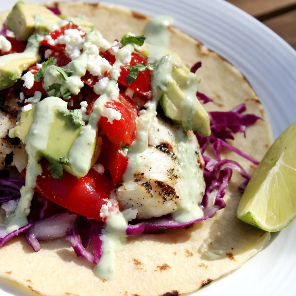 Flaky white fish fillets grilled to perfection inside bright cilantro tacos with avocado, tomatoes, and crumbled cotija cheese