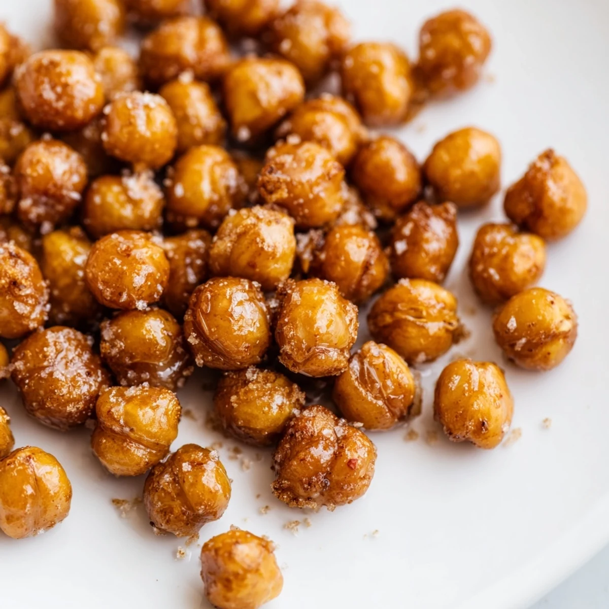 Golden brown cinnamon roasted chickpeas arranged on a white baking sheet, lightly dusted with coconut sugar