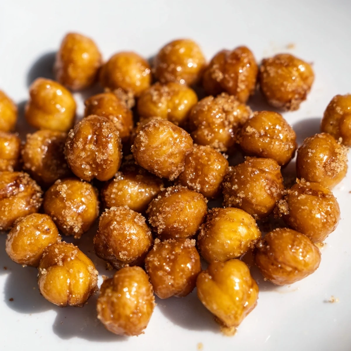 Close up of crunchy cinnamon roasted chickpeas on parchment paper, showing golden caramelized coating