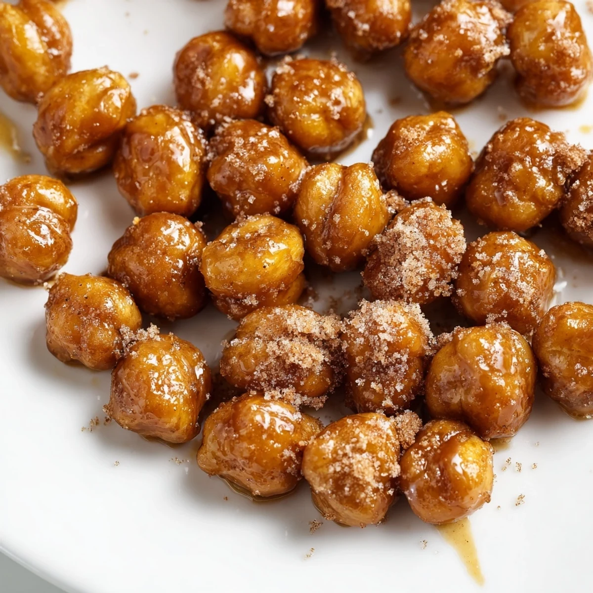 Crispy cinnamon roasted chickpeas spilling from a rustic wooden bowl, glistening with maple syrup glaze