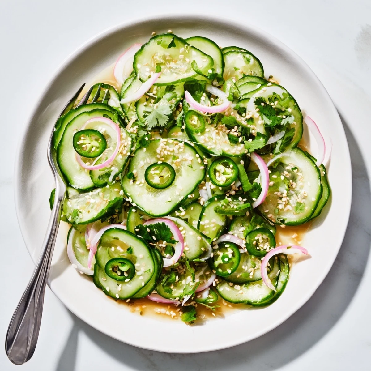 Fresh honey lime cucumber salad with crisp sliced cucumbers and red onion in a tangy citrus dressing