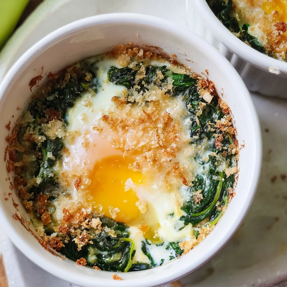 Golden baked eggs spinach parmesan featuring runny yolks over wilted greens in individual ramekins