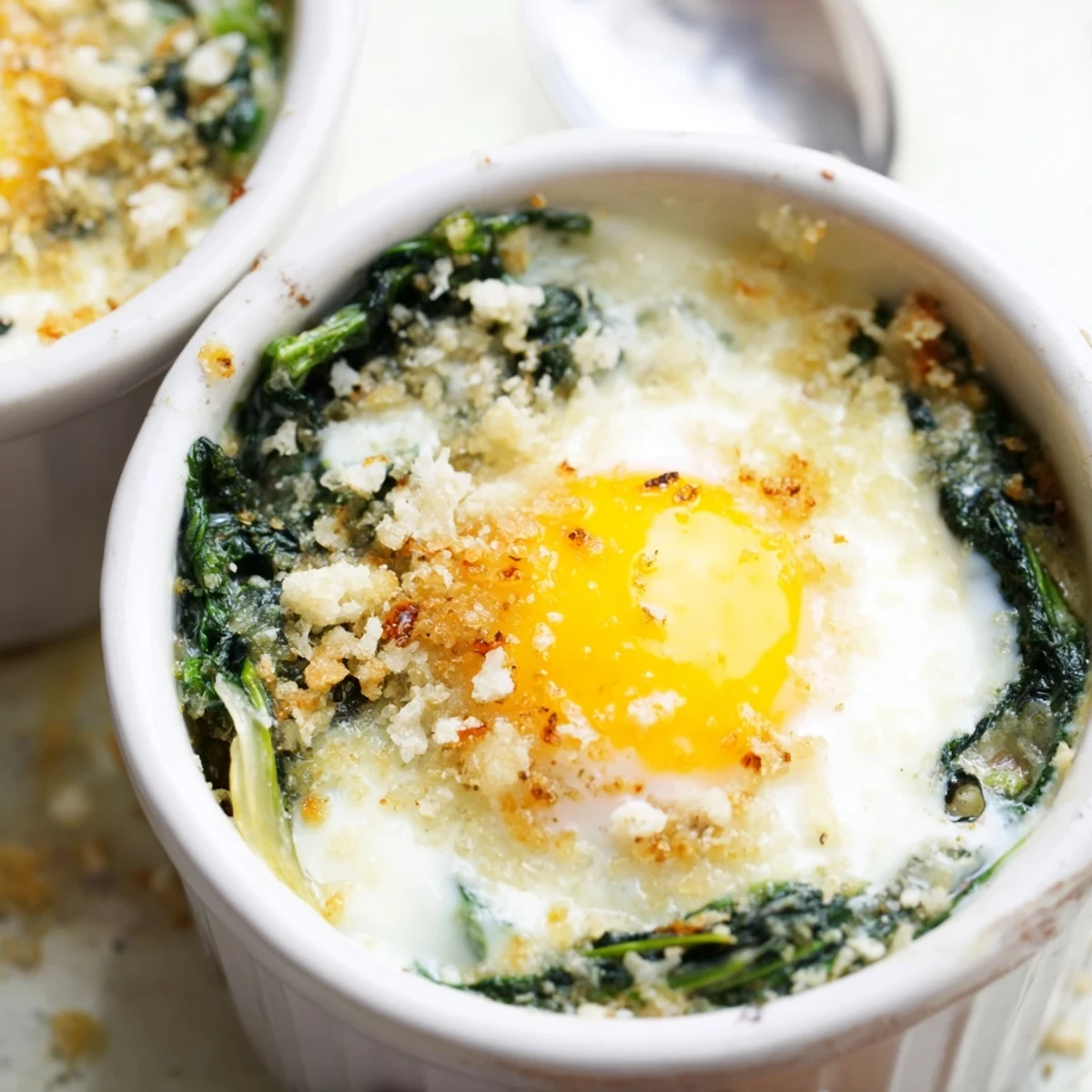Savory spinach and parmesan baked eggs with runny yolks sprinkled with grated cheese topping