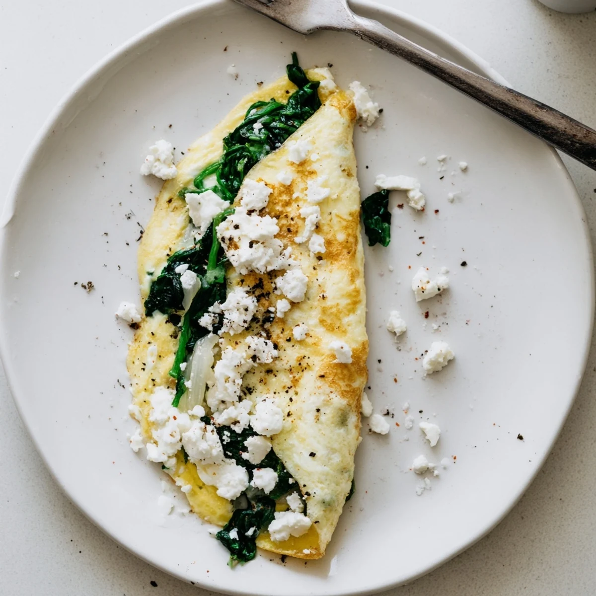 Fluffy Mediterranean-style spinach feta omelet recipe served on a white plate with crumbly white feta sprinkled on top