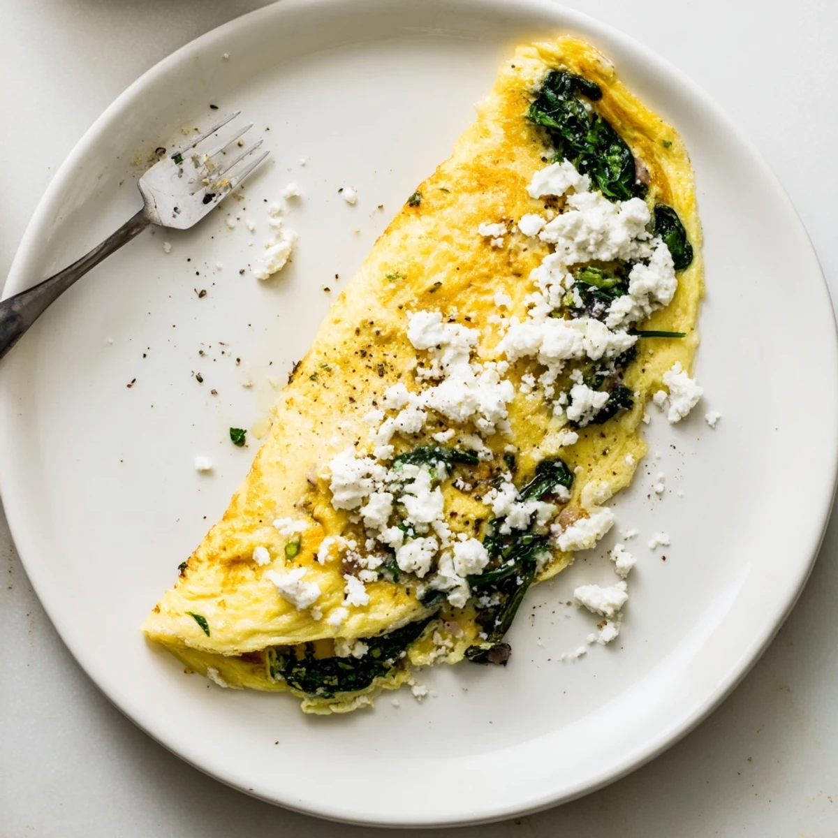 Golden spinach feta omelet folded in half with visible melted cheese and wilted green spinach flakes