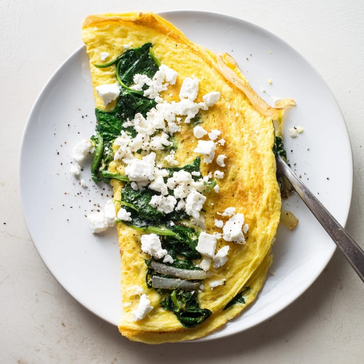 Savory spinach feta omelet recipe perfectly cooked with tender wilted spinach leaves and creamy feta cheese inside