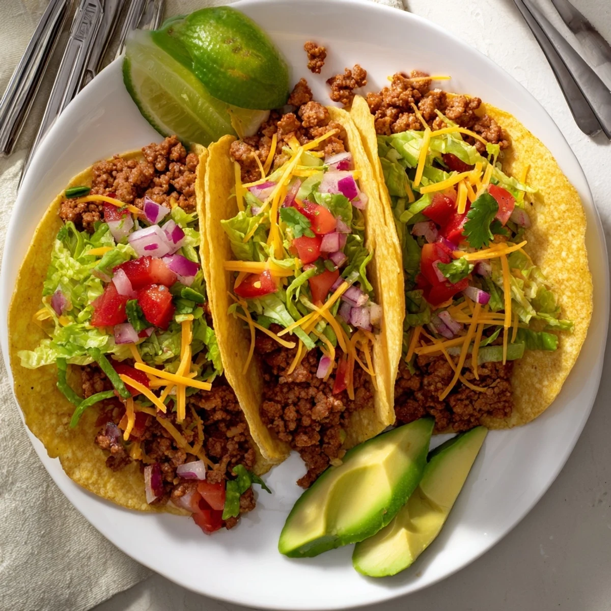 Golden corn tortilla tacos topped with seasoned ground beef and fresh pico de gallo garnish