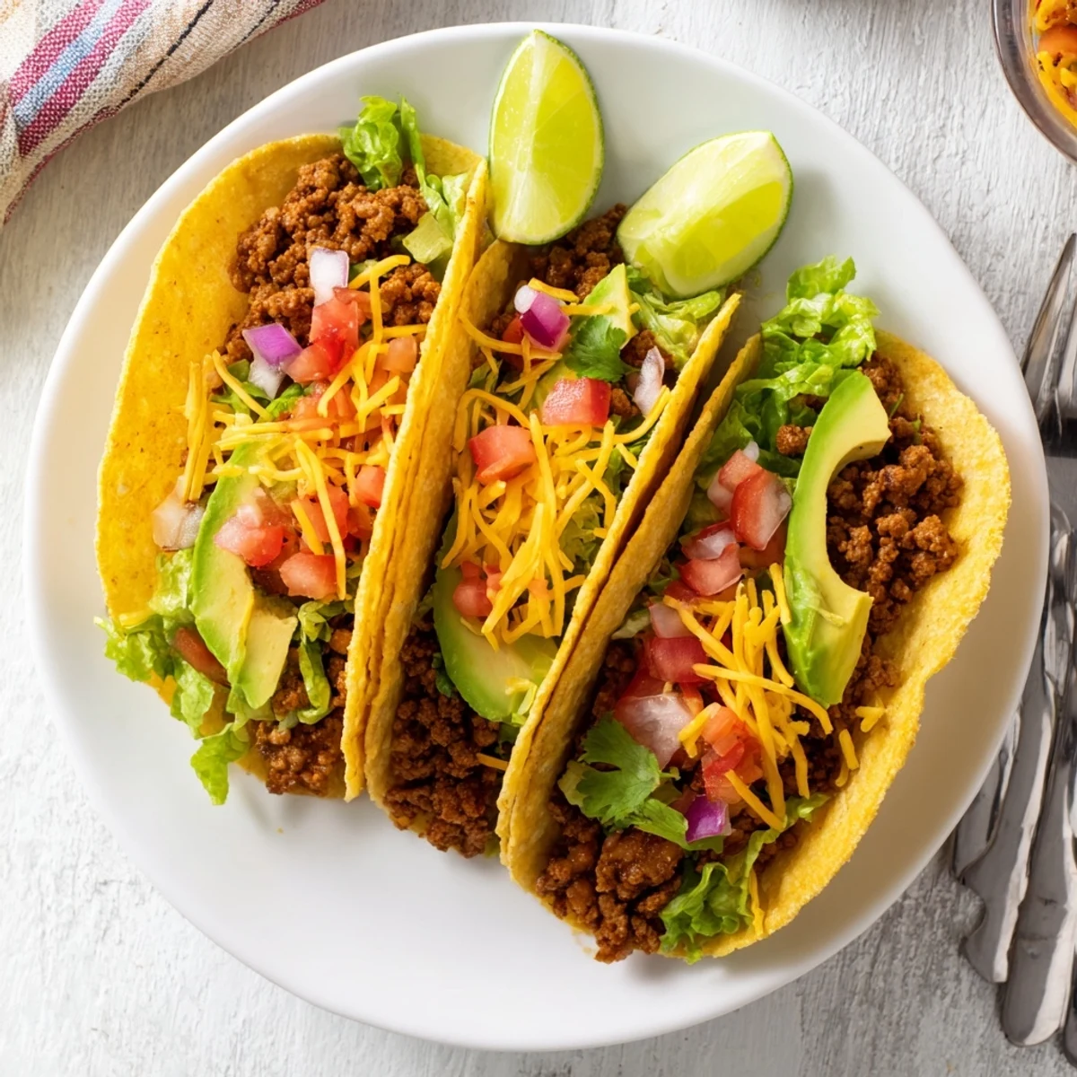 Delicious ground beef tacos loaded with shredded cheese crisp lettuce and chunky pico de gallo topping