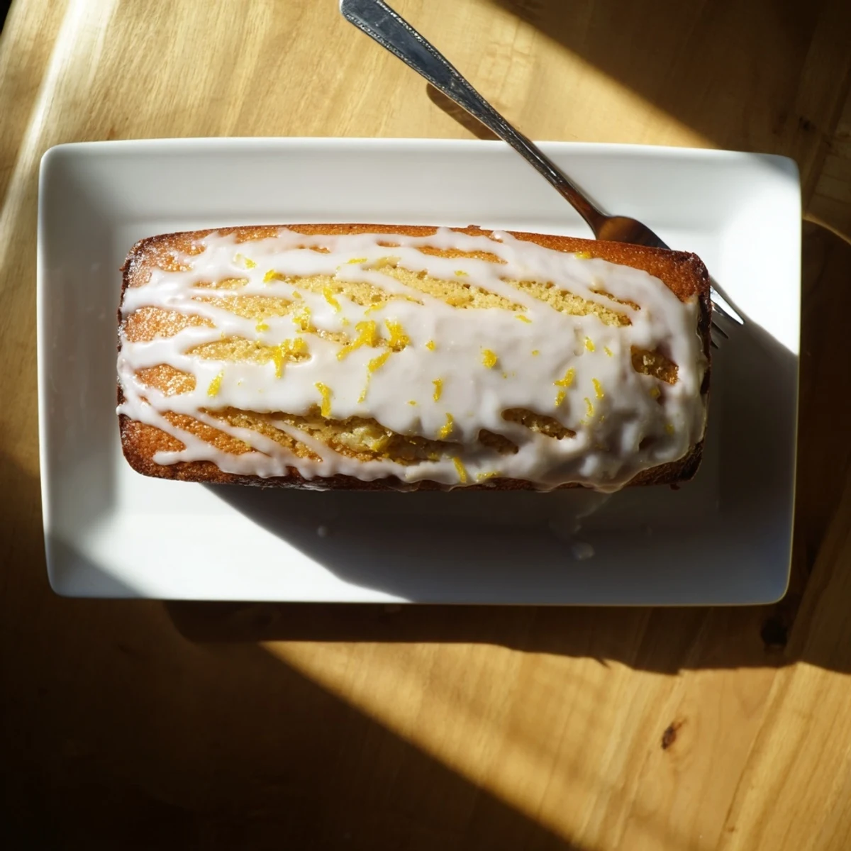 Golden Greek yogurt lemon loaf drizzled with white lemon glaze on a wooden board