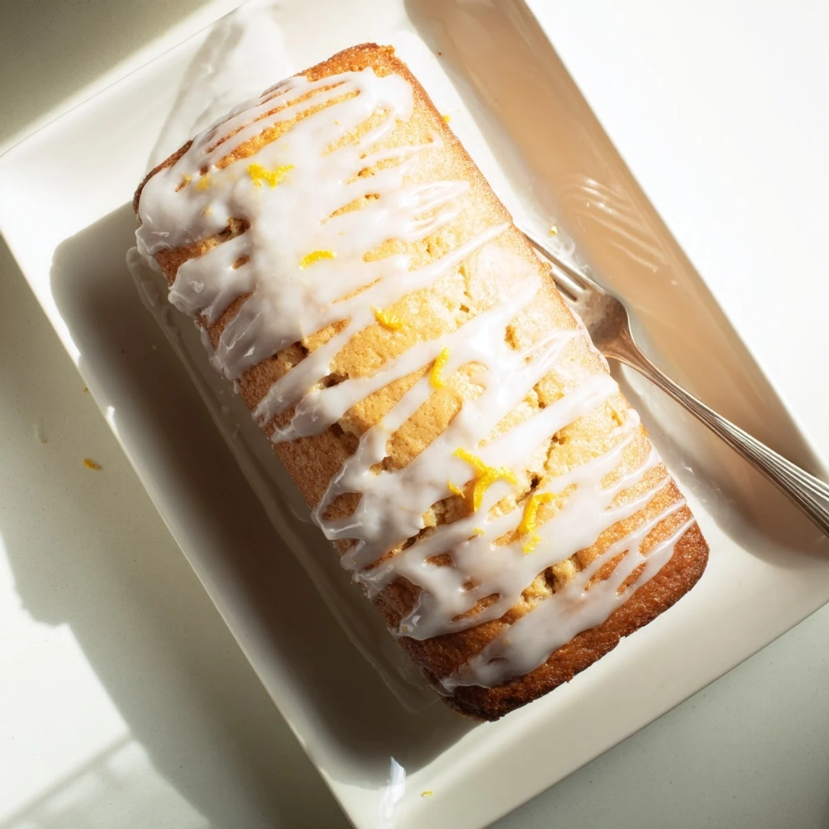 Beautiful glazed Greek yogurt lemon loaf resting on a wire cooling rack ready to serve