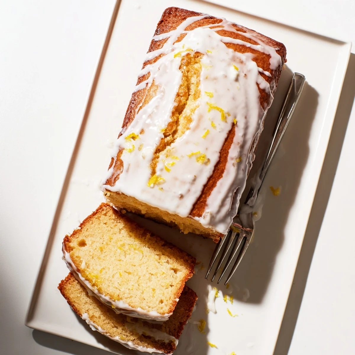 Moist lemon loaf cake slice topped with tangy glaze and fresh lemon zest garnish