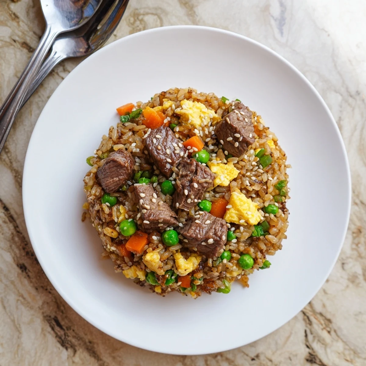 Golden fried rice with marinated steak pieces, scrambled eggs, and crisp peas and carrots on griddle