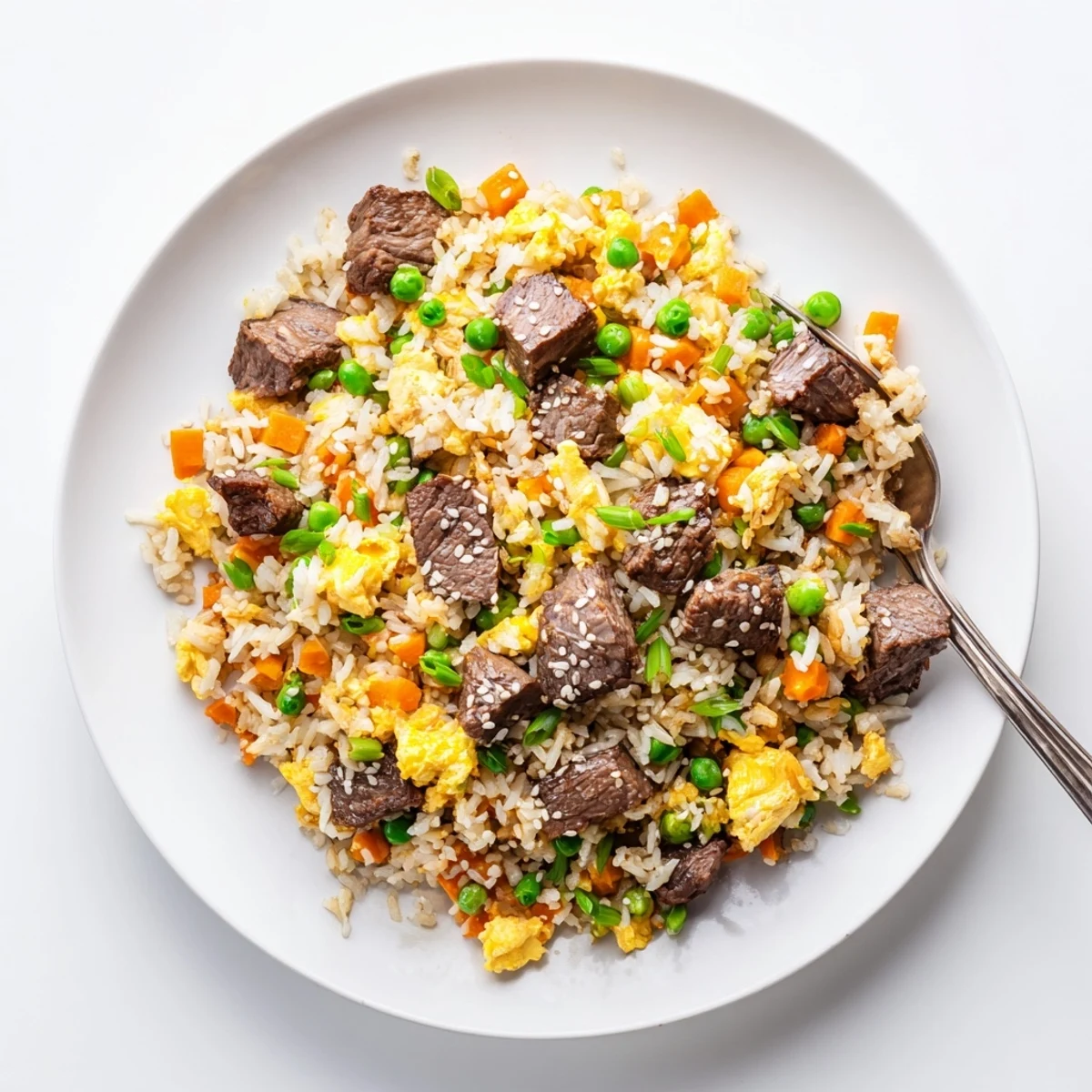 Savory Hibachi steak fried rice served hot with sesame seeds and fresh green onion garnish