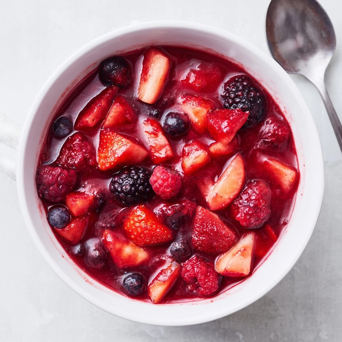 Glossy ruby red strawberry rhubarb raspberry jam being spooned into sterilized glass canning jars