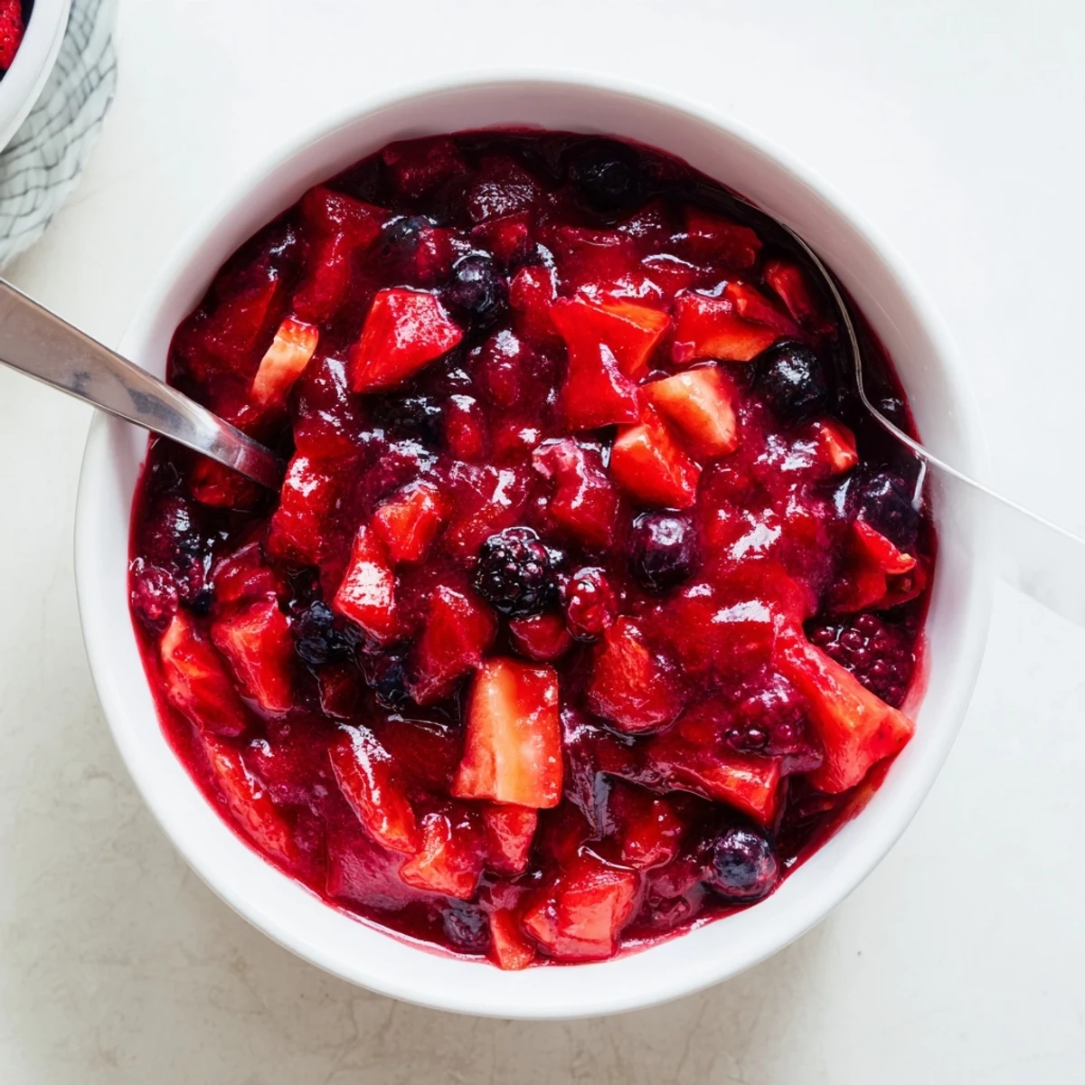 Homemade strawberry rhubarb raspberry jam spread thickly on golden toast with fresh berries