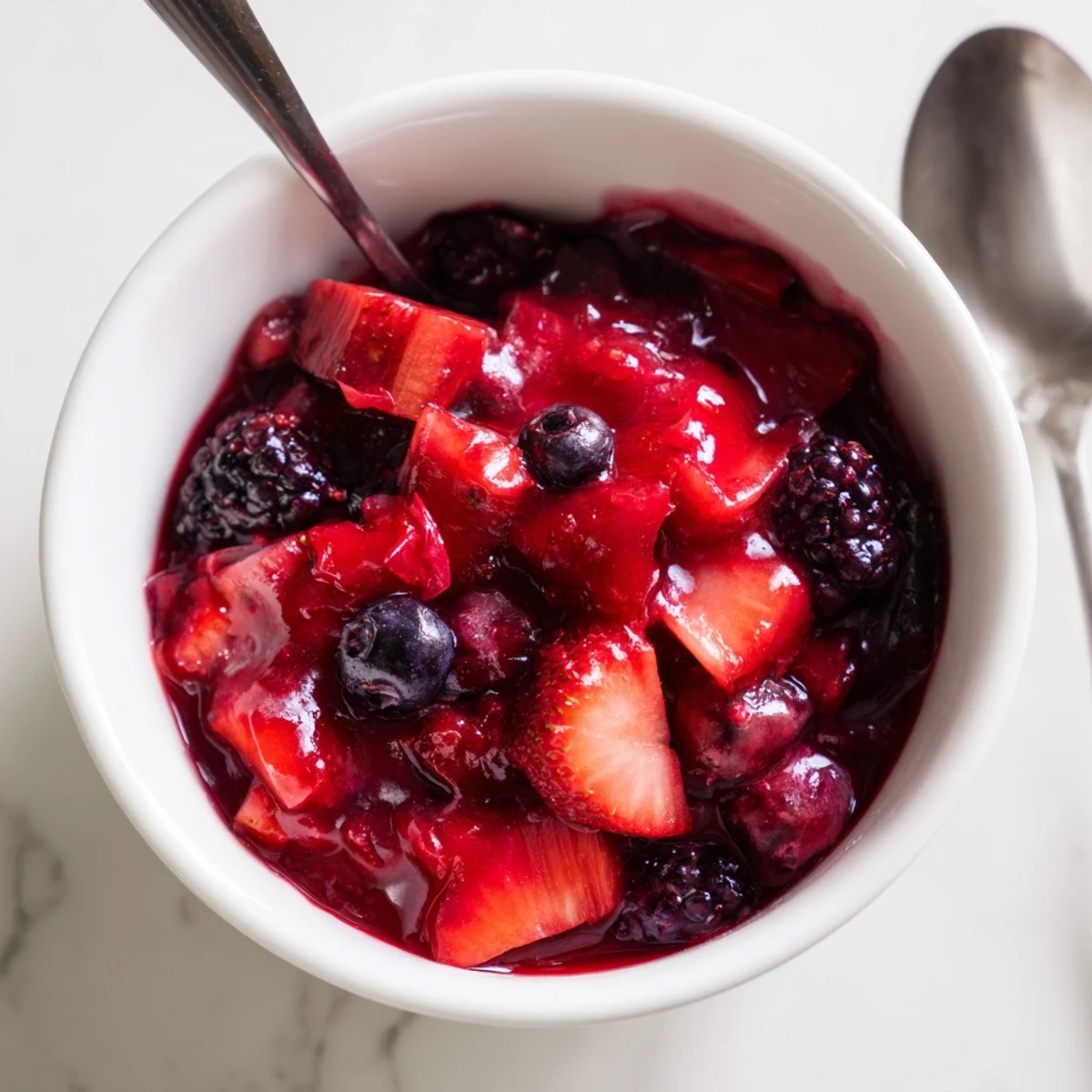 Steaming pot of strawberry rhubarb raspberry jam bubbling on stove with wooden stir spoon