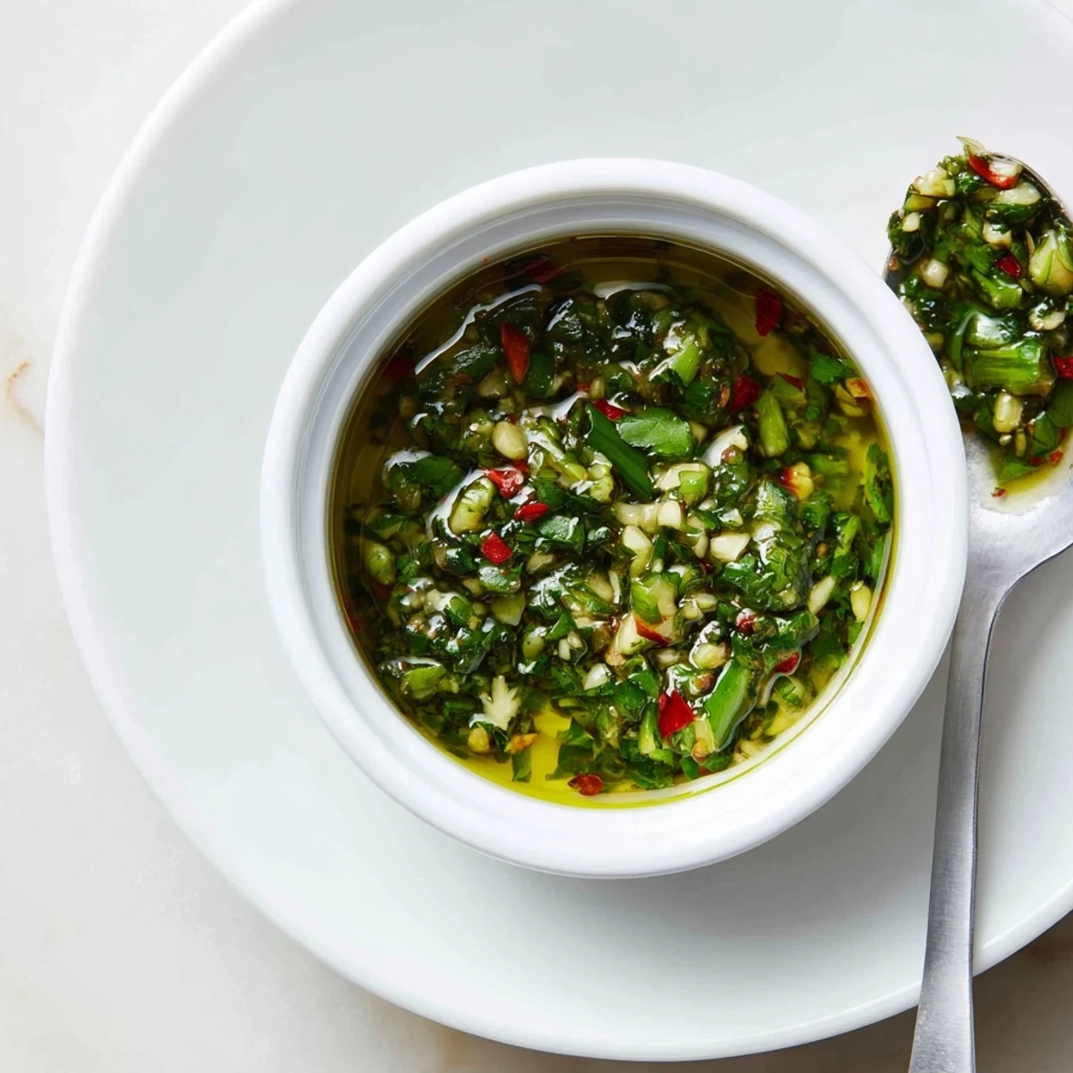 Vibrant green garlic scape chimichurri sauce drizzled generously over juicy grilled steak and roasted vegetables