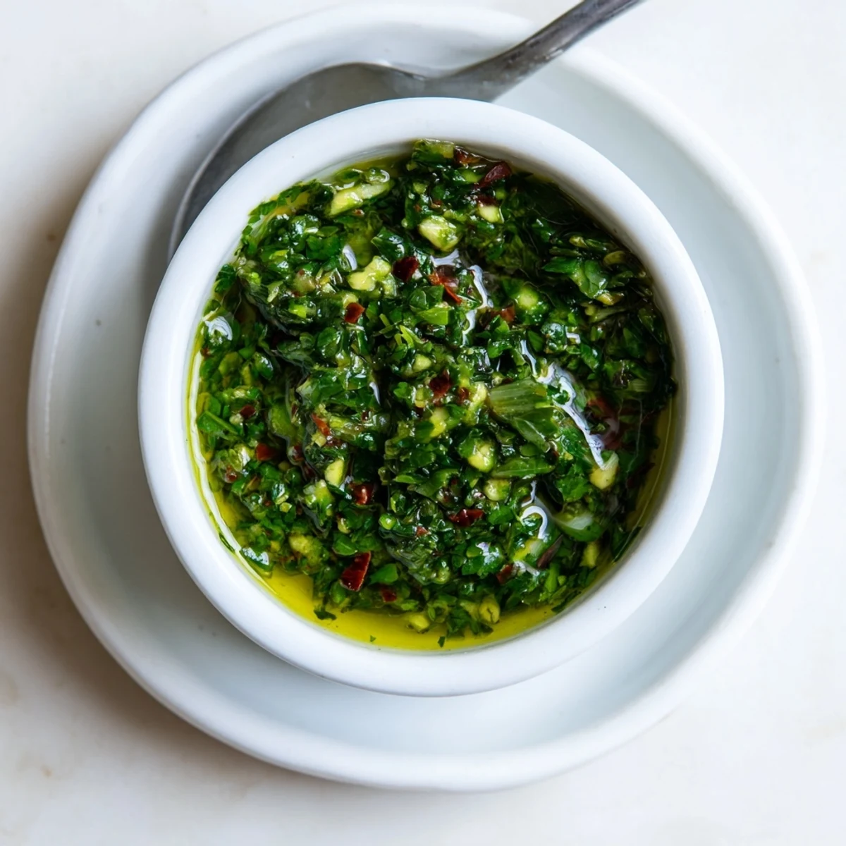 Fresh garlic scape chimichurri featuring chopped herbs and olive oil served in rustic glass bowl