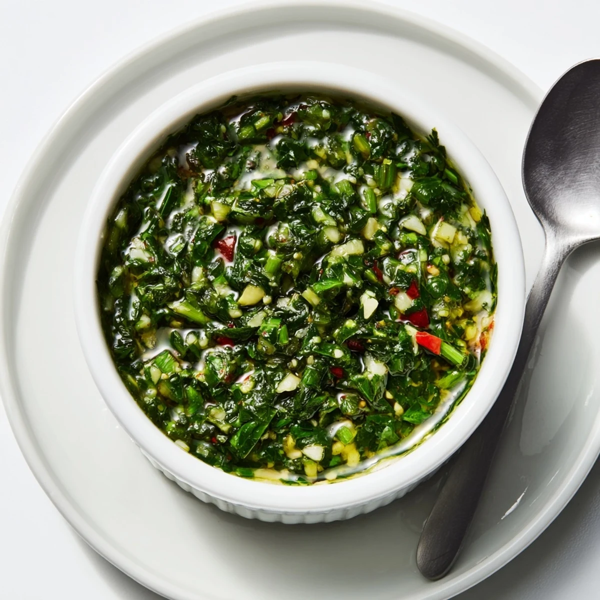 Argentinian-style garlic scape chimichurri sauce spooned over sizzling grilled meats and summer vegetables