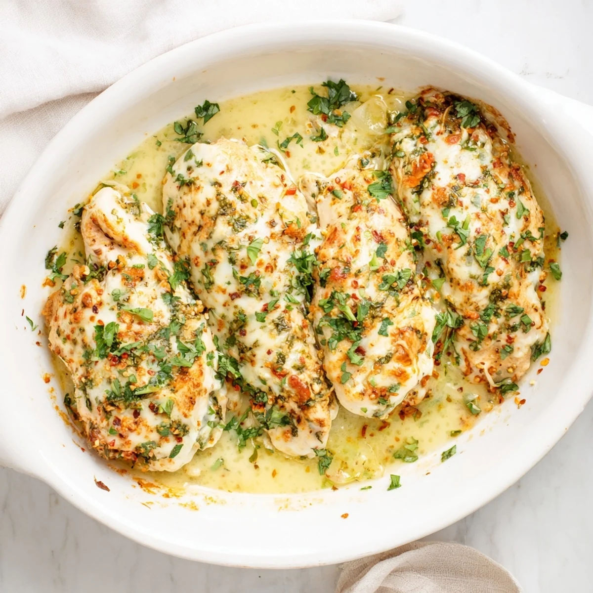Golden baked chicken breasts topped with bubbling three-cheese ricotta mixture and fresh herbs