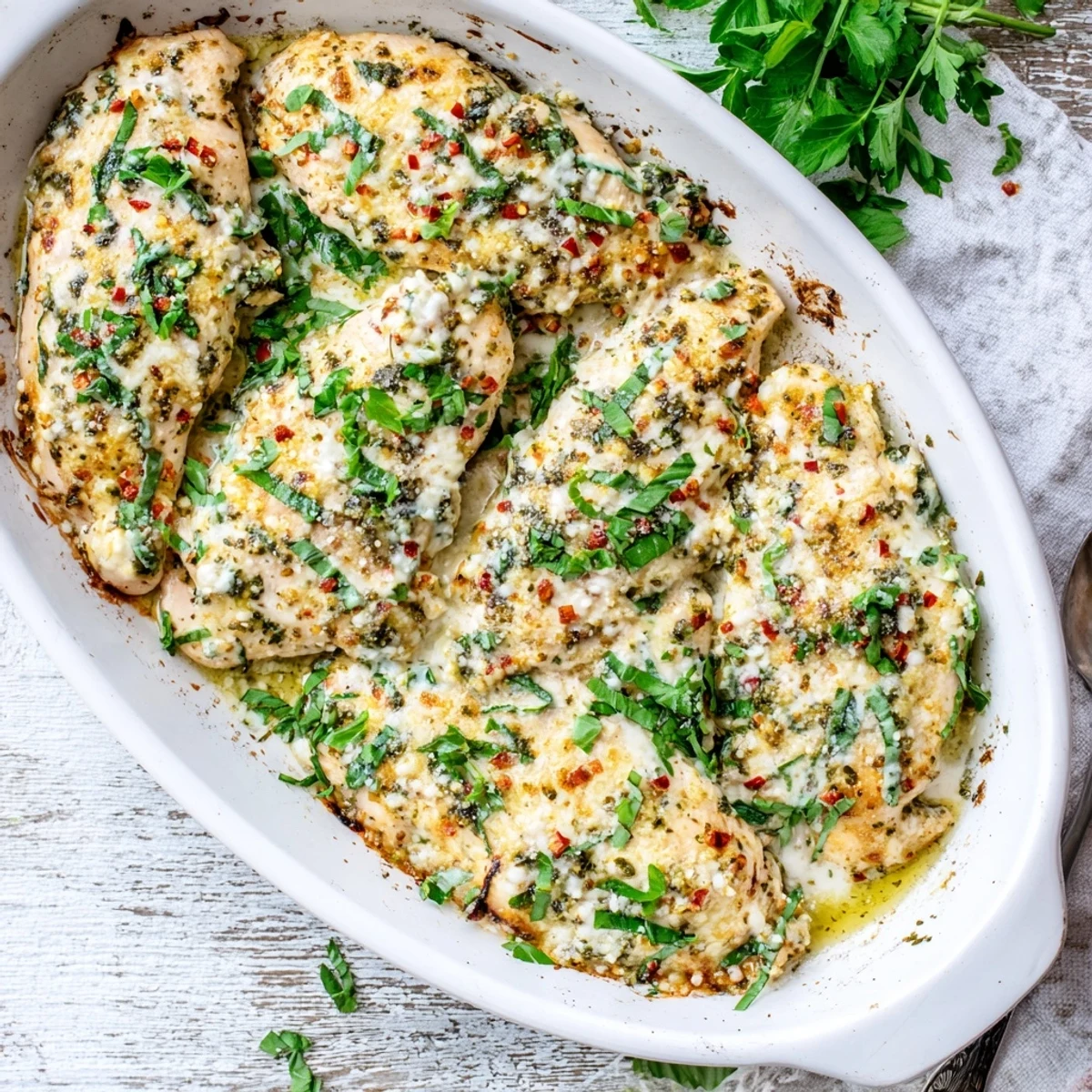 Creamy baked ricotta chicken with golden melted cheese served on a white platter