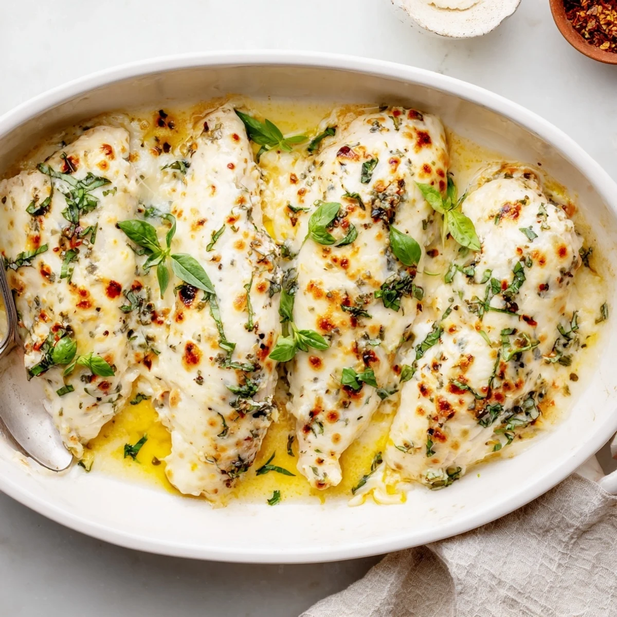 Oven-baked chicken fillets smothered in lemon herb ricotta topping garnished with green parsley