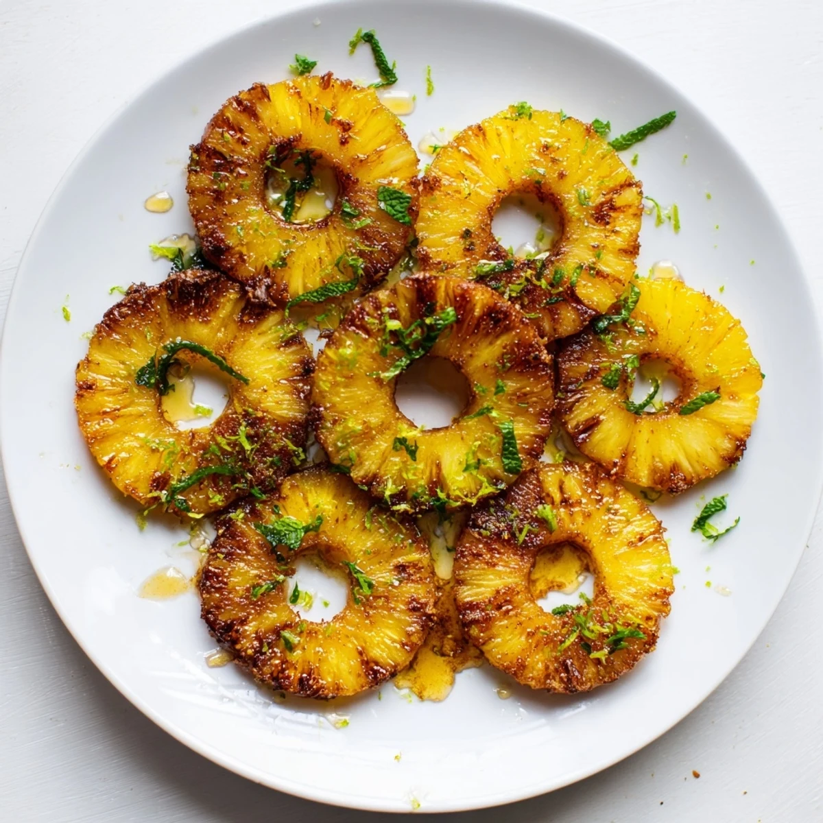 Golden air fryer pineapple rings caramelized with brown sugar cinnamon and lime zest
