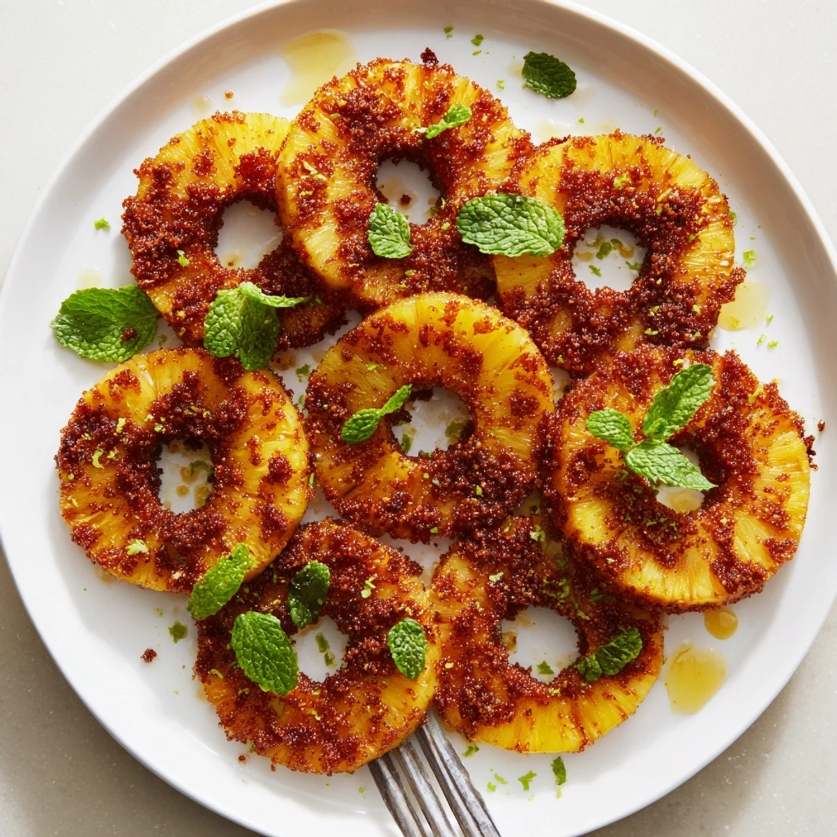 Tropical pineapple rings cooked in air fryer until tender with caramelized sugar coating
