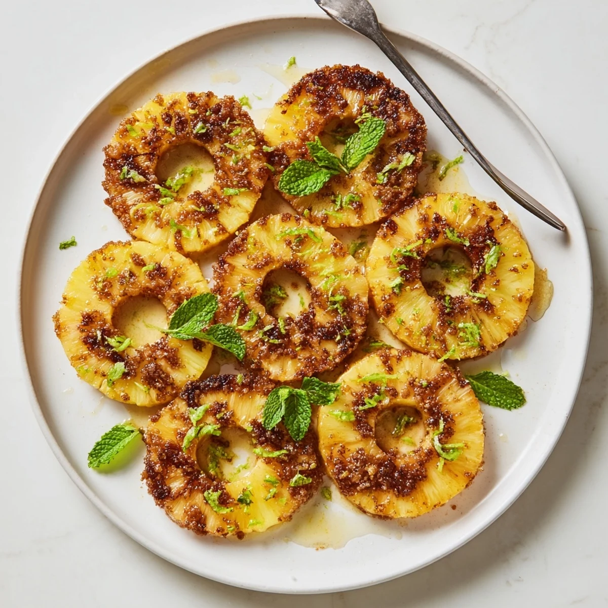 Sweet glazed pineapple slices air fried to perfection with optional spicy chili powder