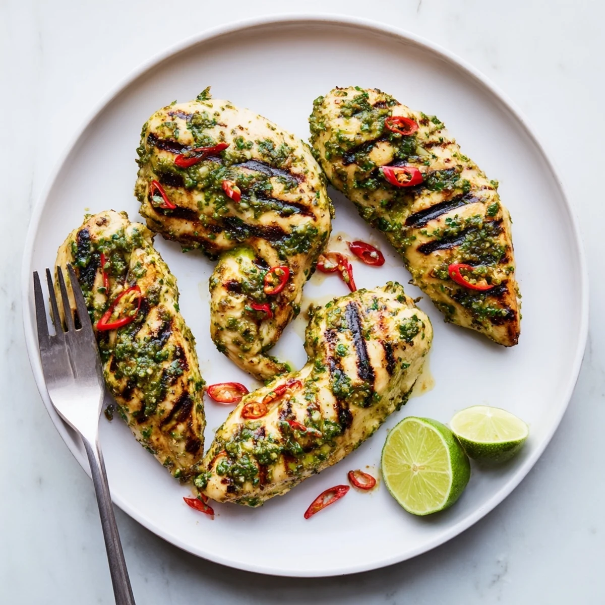 Golden grilled chili lime chicken breasts garnished with fresh cilantro and lime wedges on a white serving platter