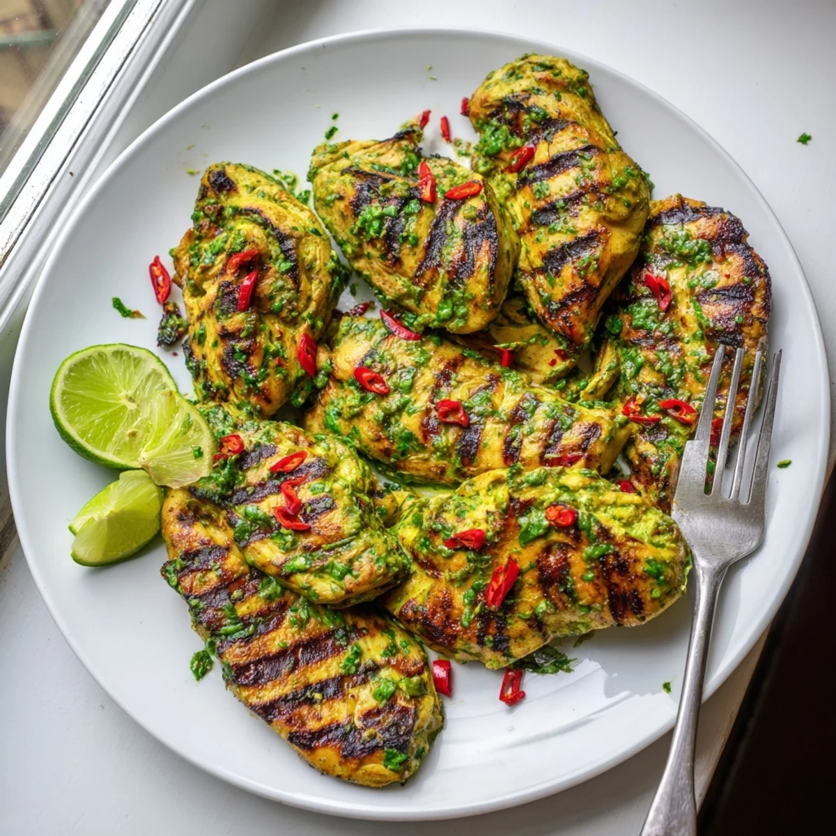 Perfectly grilled chicken thighs glazed with zesty chili lime marinade served alongside rice and grilled vegetables