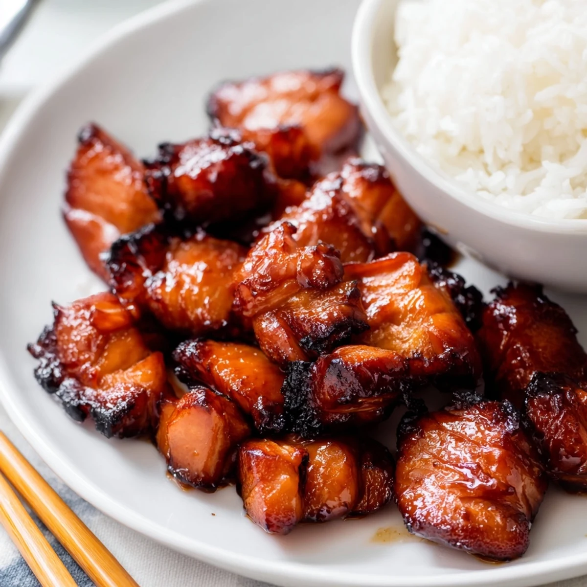 Glossy authentic char siu chicken glazed with honey and hoisin, roasted to caramelized perfection on a wire rack