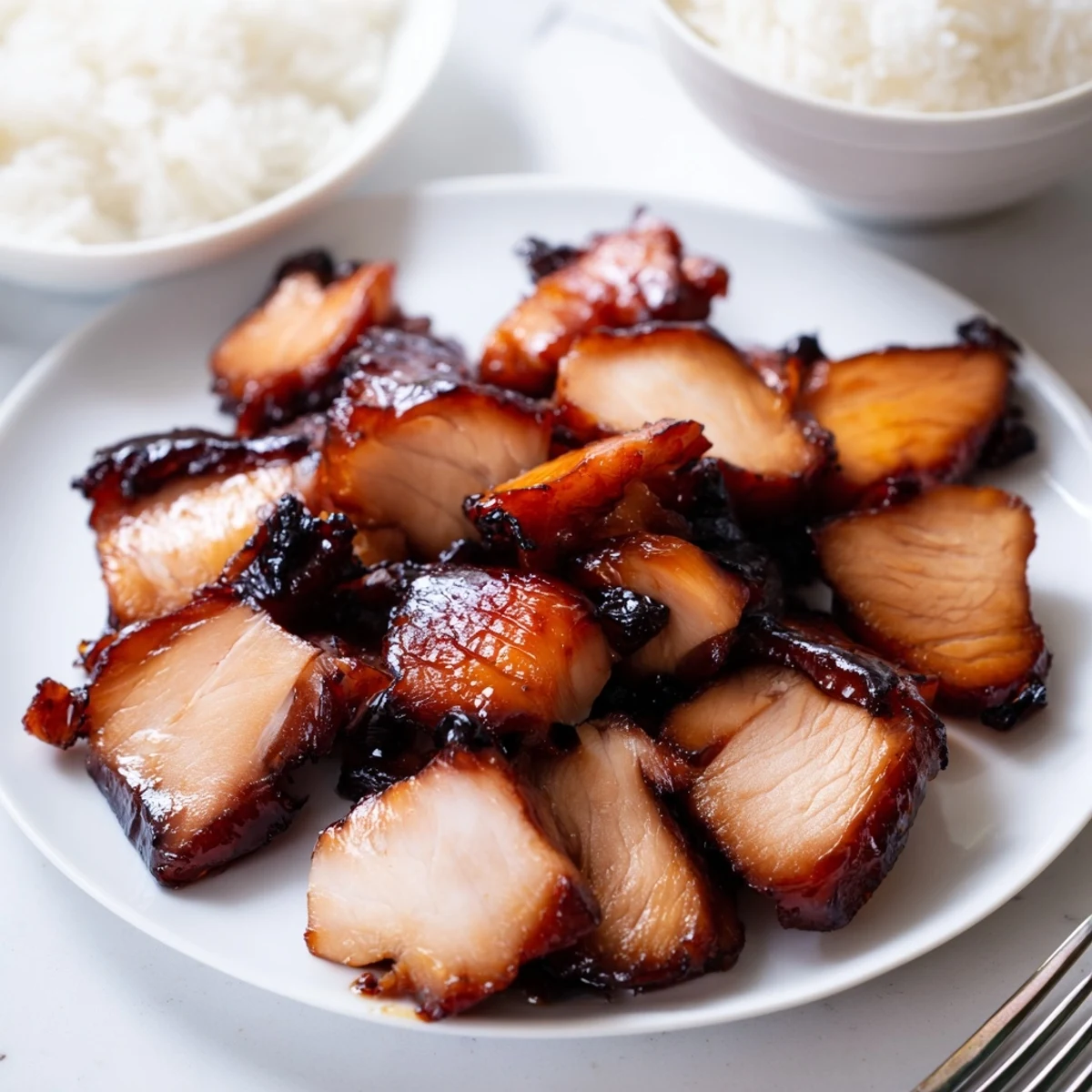 Tender Cantonese-style char siu chicken pieces displaying rich mahogany coating with sticky edges, served over fluffy white rice