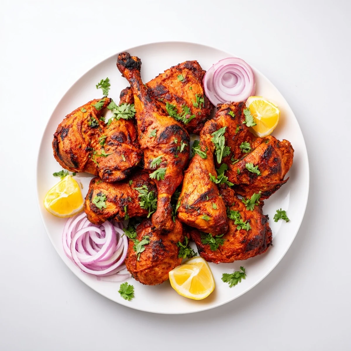 Succulent tandoori chicken pieces with vibrant red spice coating and fresh cilantro garnish on a white plate