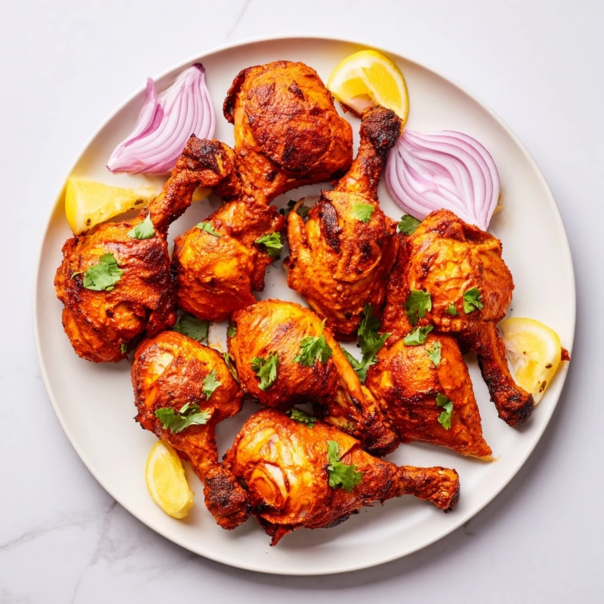Homemade tandoori chicken arranged on a platter with aromatic yogurt marinade visible on the tender meat