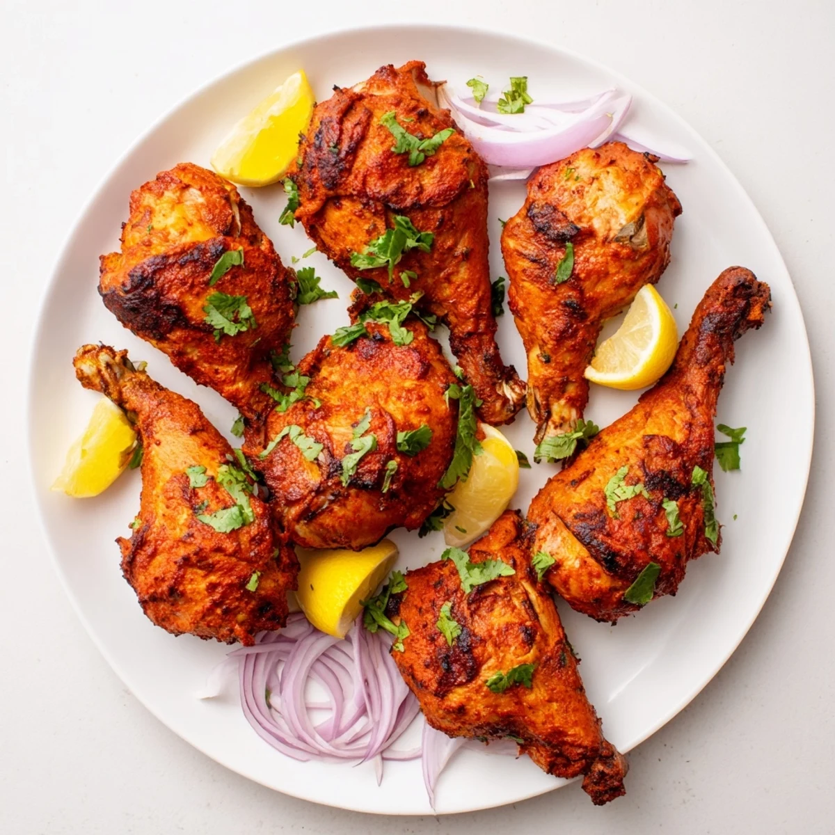 Perfectly charred tandoori chicken thighs with crispy edges served alongside lemon wedges and sliced red onions