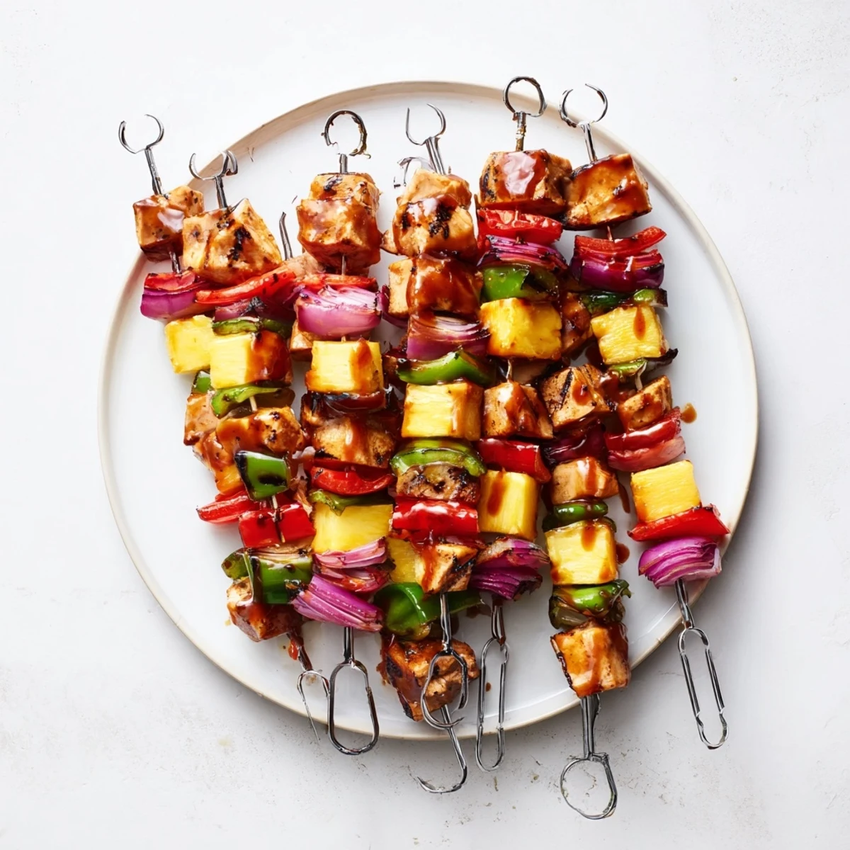 Golden BBQ pineapple chicken kabobs with charred vegetables and glazed meat on wooden skewers