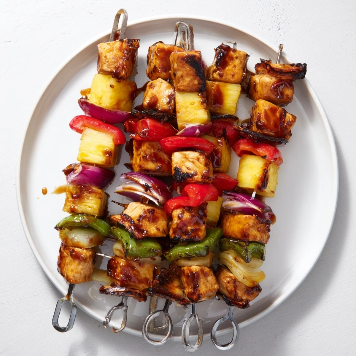 Grilled BBQ pineapple chicken kabobs featuring juicy marinated chunks with colorful peppers and sweet pineapple