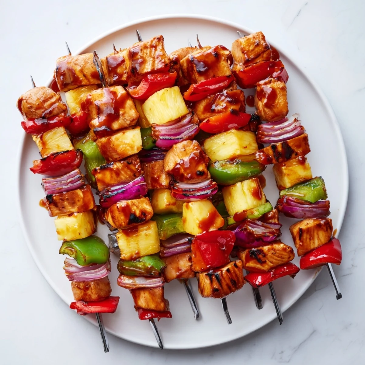Savory BBQ pineapple chicken kabobs fresh off the grill with smoky char marks and vibrant vegetables