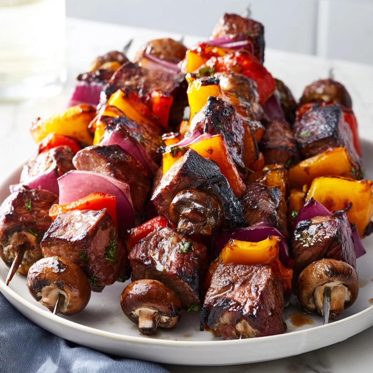 Juicy steak kebabs with colorful peppers and onions sizzling on a hot summer grill