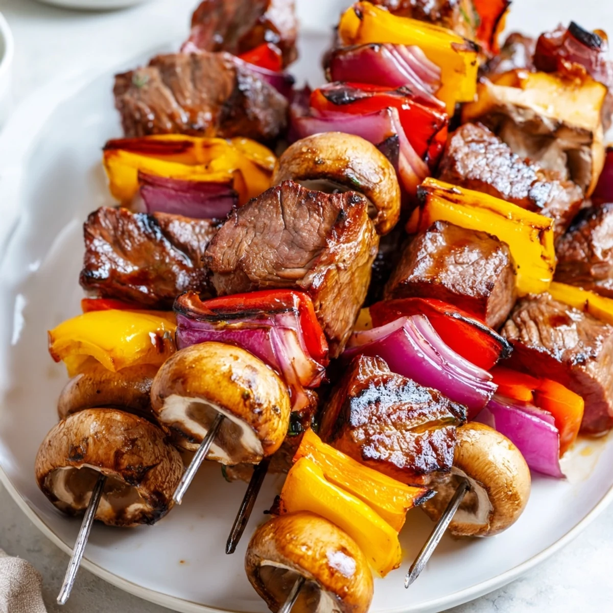 Succulent steak skewers threaded with fresh vegetables and marinated in savory herbs