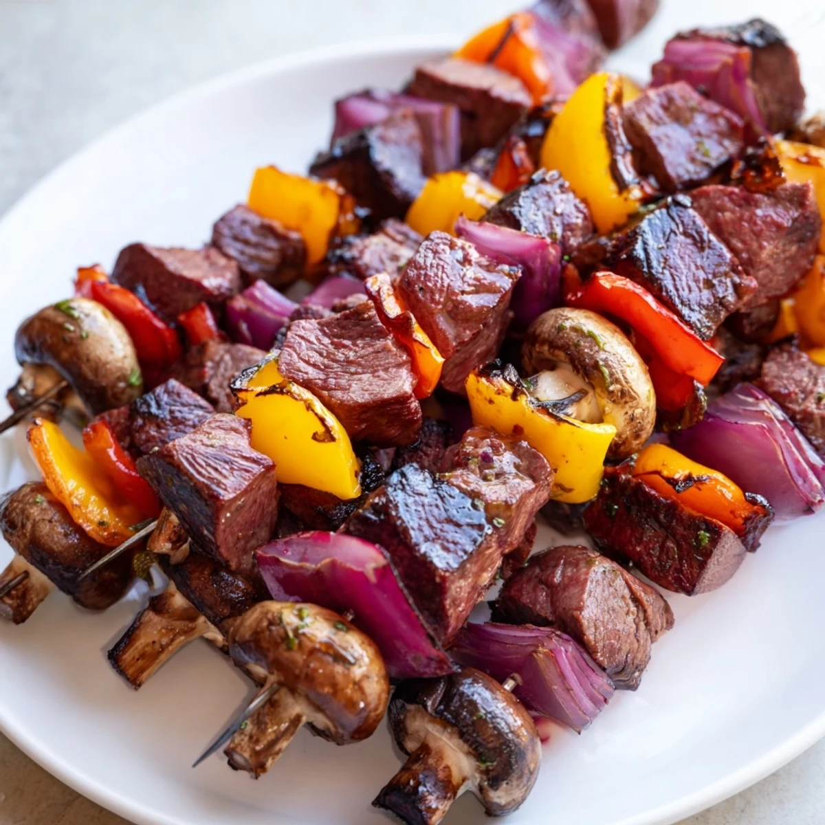Tender steak cubes and vibrant bell peppers grilled to perfection on metal skewers