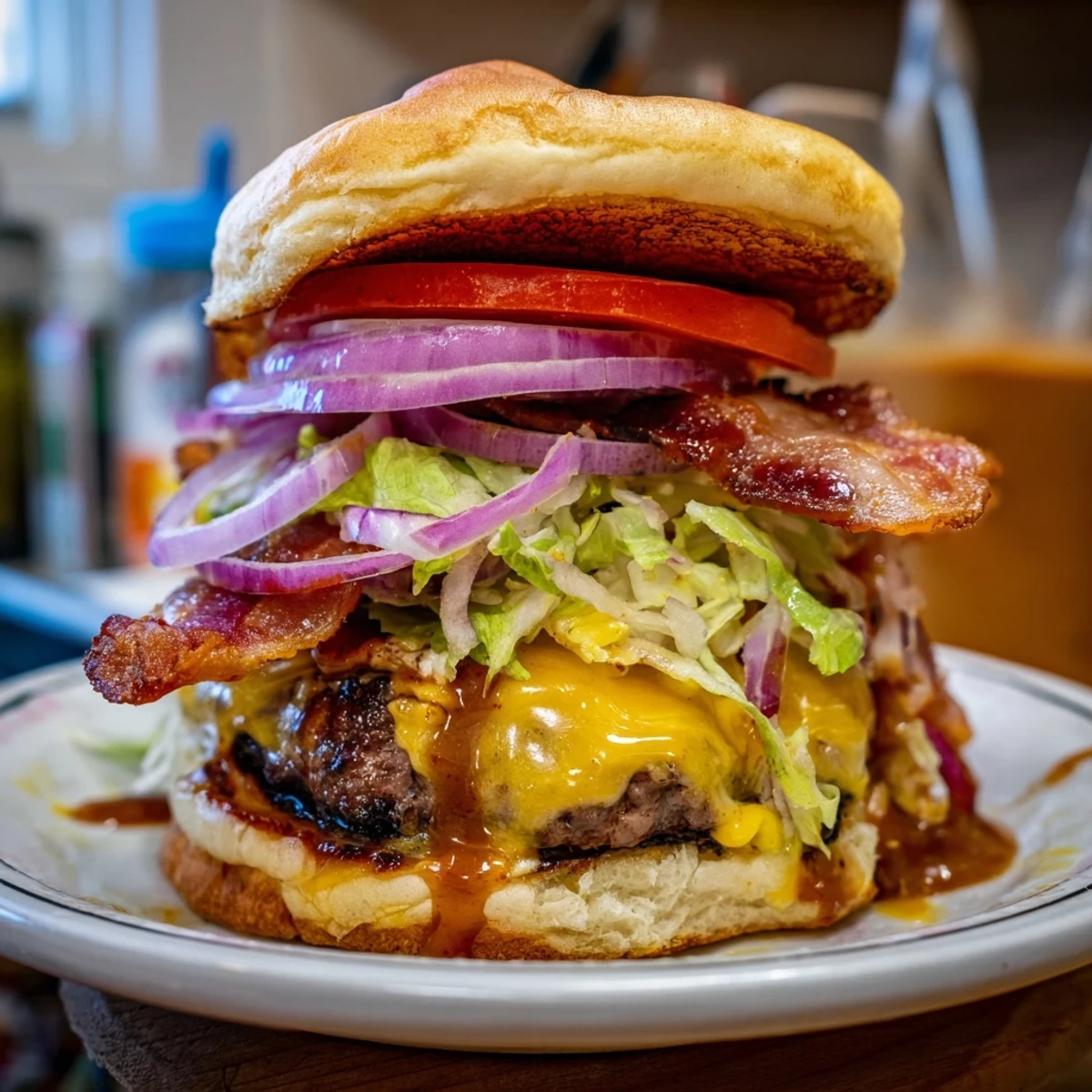 Homemade crack burger stacked high with bacon, lettuce, tomato, and special sauce on golden buttered bun