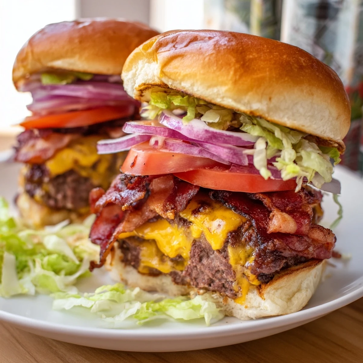 Juicy crack burger with melted cheddar cheese, crispy bacon, and tangy crack sauce on toasted brioche bun
