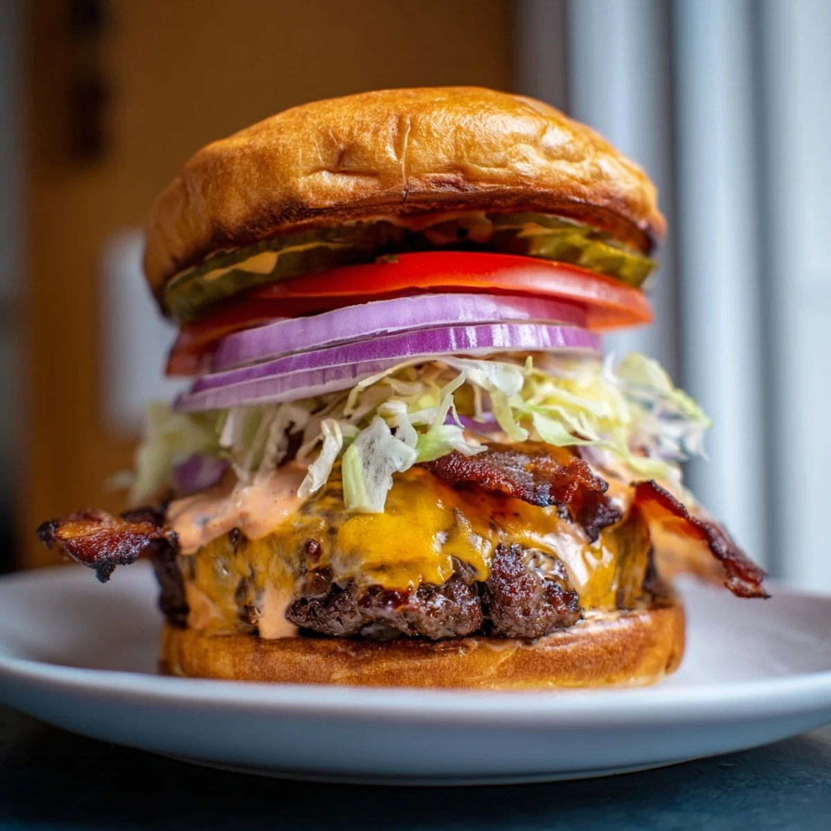 Flavor-packed crack burger featuring seasoned beef patty, melty cheese, and addictive crack sauce with fresh toppings