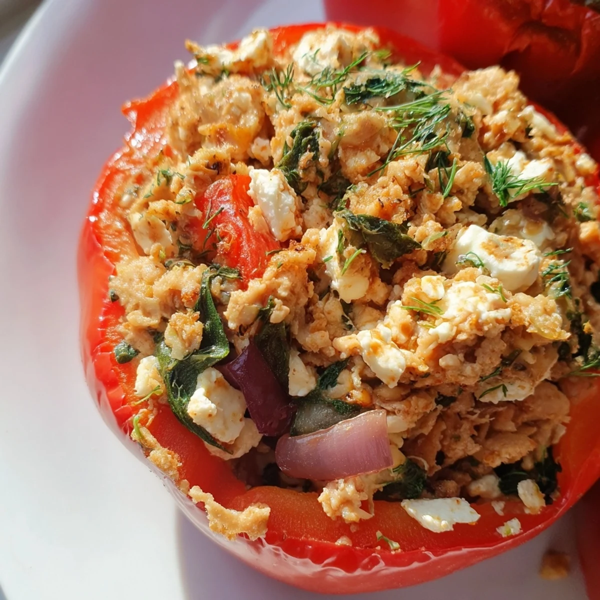 Golden brown stuffed bell peppers filled with savory ground chicken and crumbled feta cheese