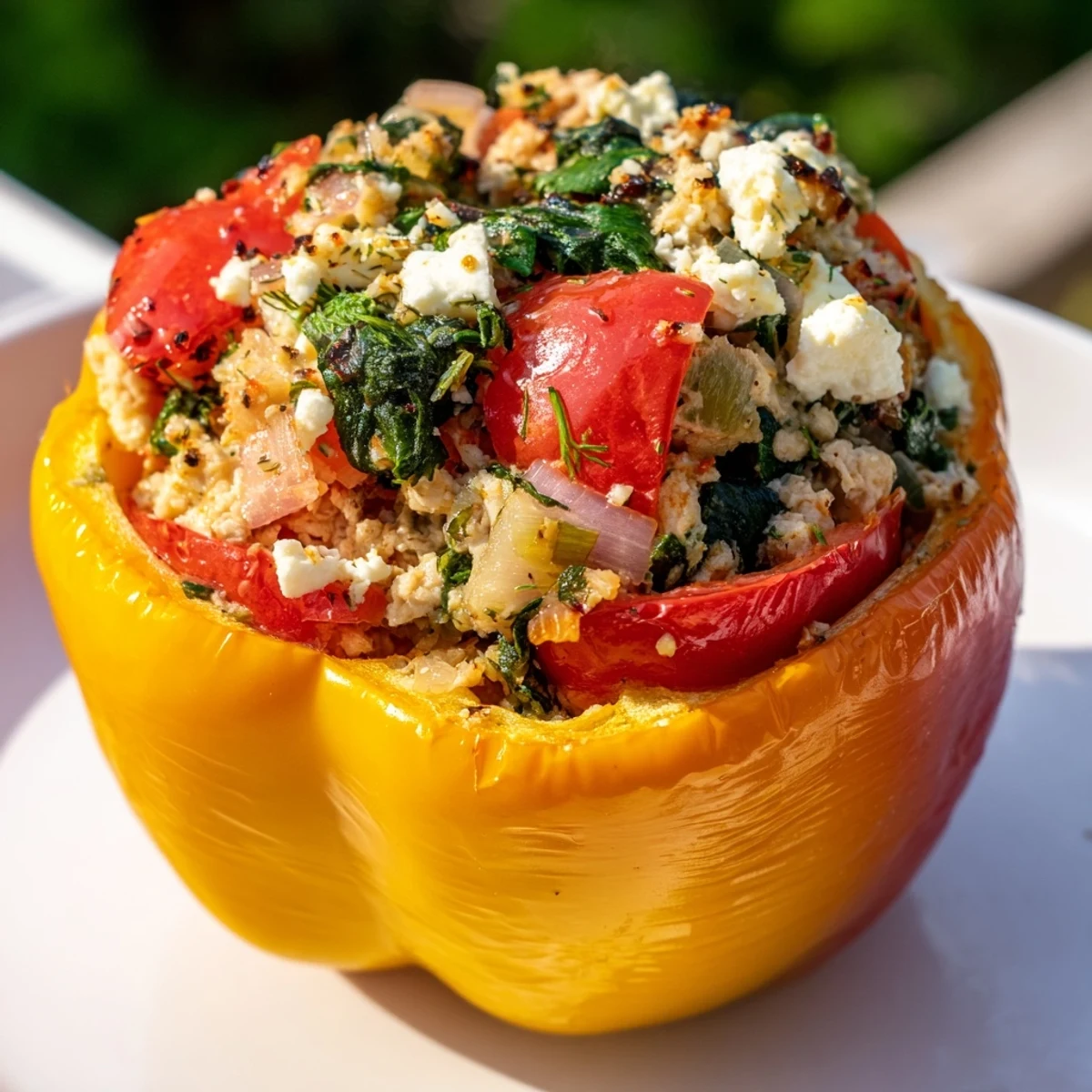 Mediterranean-style ground chicken stuffed peppers baked until tender with fresh herbs and spinach